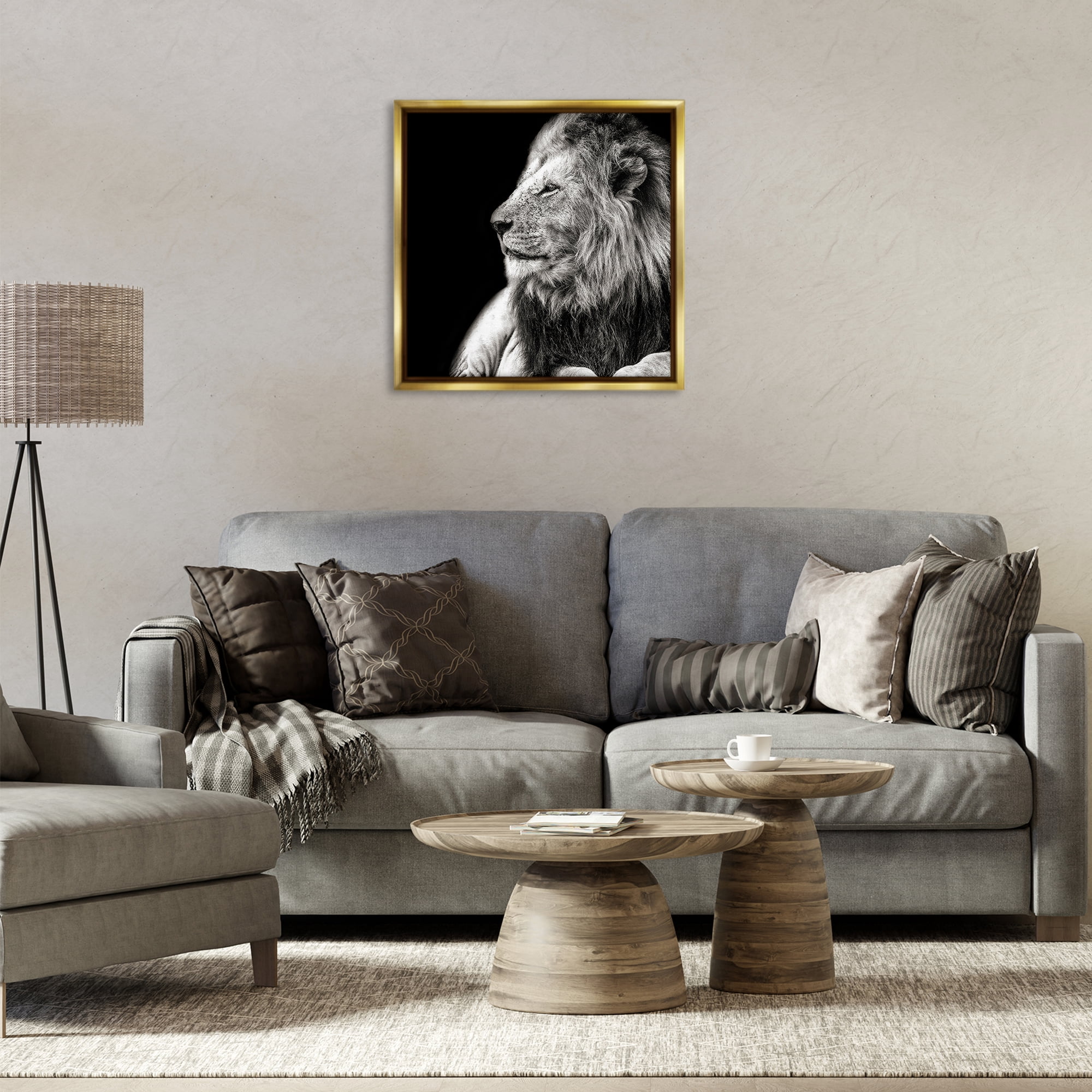 Stupell Industries Lion Portrait on Black Animals Photography Gold Floater Framed Canvas Art Print Wall Art, 25 x 25