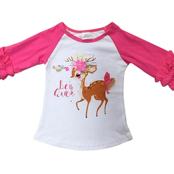 Little Girl Kids Be The Queen Reindeer Floral Shirt Top Tee T-Shirt White Pink 2T XS (318537)