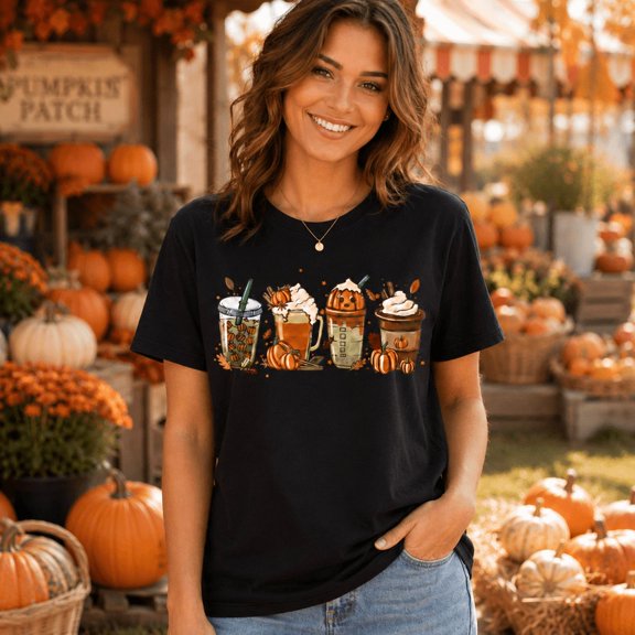 Pumpkin Spice Coffee Fall Shirt, Cute Autumn Latte Drinks Graphic Comfort Colors Tee, Cozy Pumpkin Season Halloween Thanksgiving Gift - Black, S