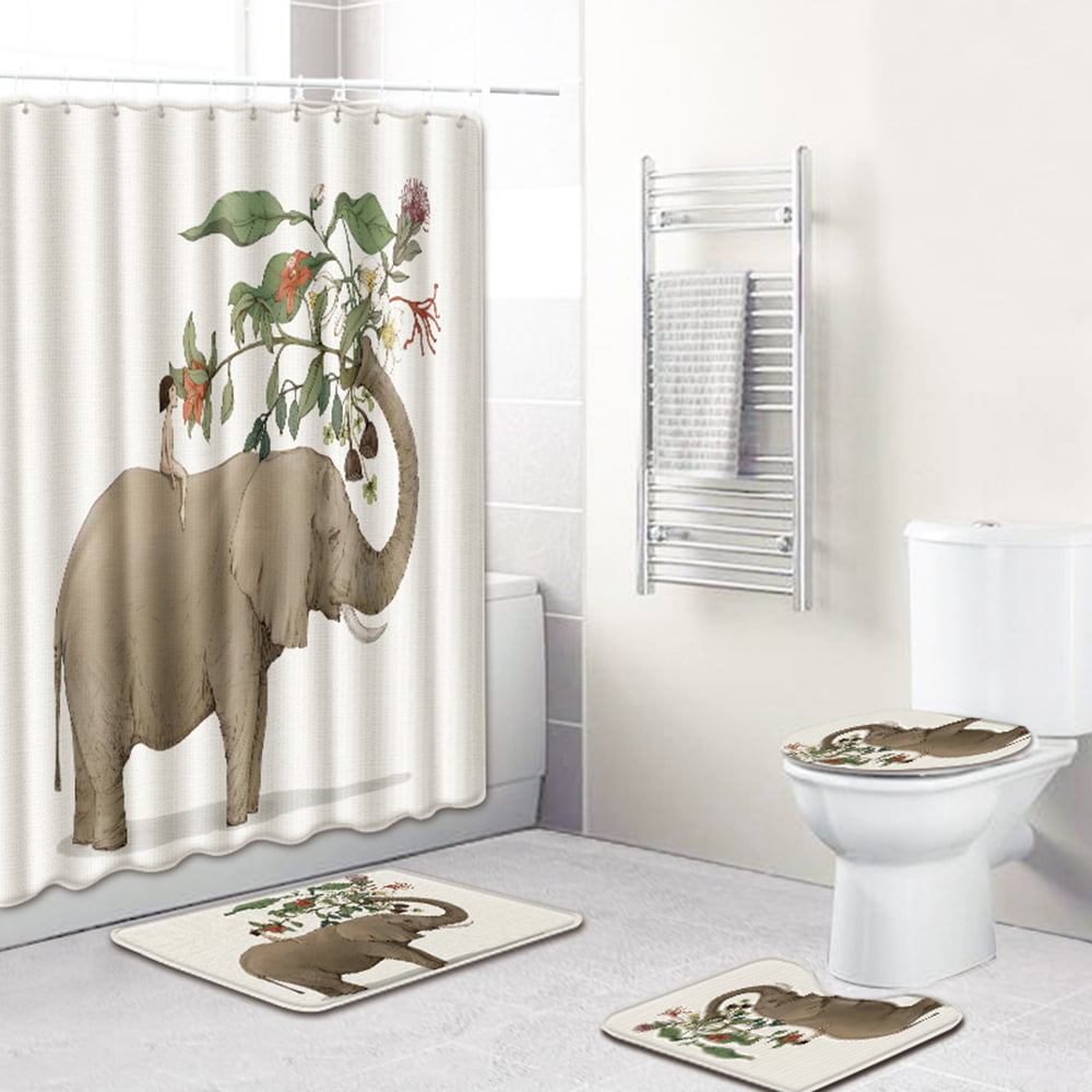Rug Mat US 4pcs 1.8m Elephant Bathroom Shower Curtain+12 Hooks+Lid Toilet Cover 