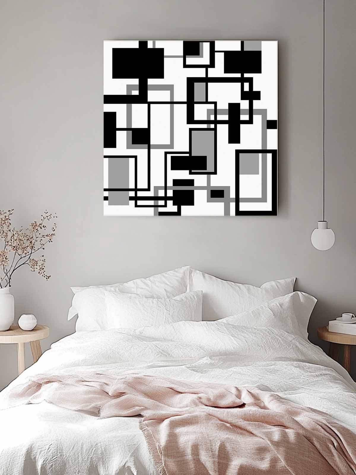 Geometric Black Canvas Wall Art, White and Gray Line Framed Wall Decor Modern Artwork Prints Painting for Living Room, Bedroom, Kitchen & Cafe Decor 16x16 Inch
