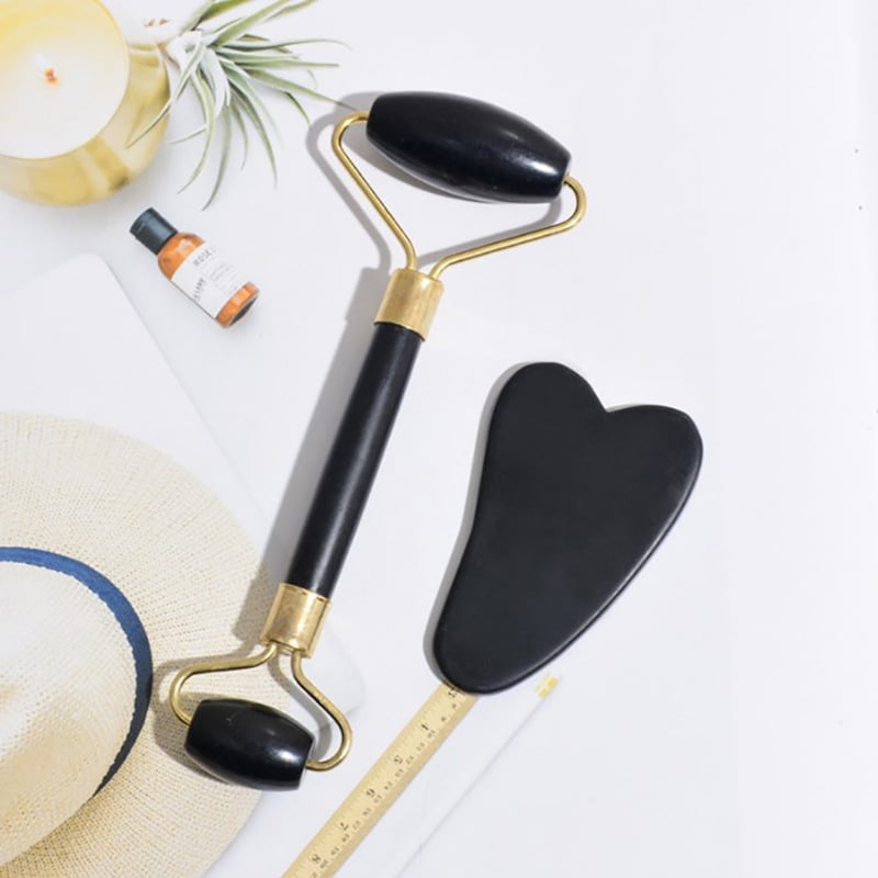 Rose Quartz Face Roller & Gua Sha Set, Skincare Tools for De-Puffing, Sculpting & a Radiant Glow, Natural Stone Facial Massager for Face, Eyes, and Neck,Blue (packed in OPPO bag)