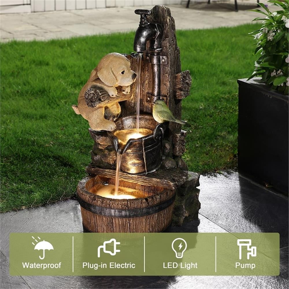 LuxenHome Outdoor Water Fountain, 25 Inch Whimsical Puppy Dog Resin Water Fountains Indoor with LED Lights