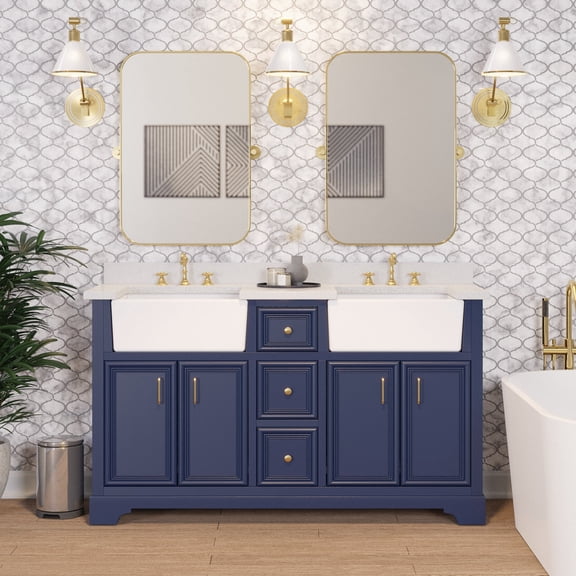 Zelda 60" Double Farmhouse Bathroom Vanity with Royal Blue Cabinet and Quartz Top
