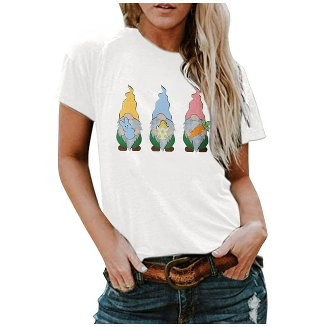 T-shirts d'Été pour Femmes Grande Taille à Manches Courtes Femmes Pâques Col Rond Imprimé Nain T-shirt Haut Manches Courtes Blouse Décontractée Ample Col en V T-shirt Femmes en Liquidation