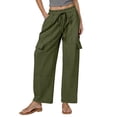thumbnail image 1 of Pantalones de lino Pantalones cargo elásticos de cintura alta con cordón para mujer, 1 of 6