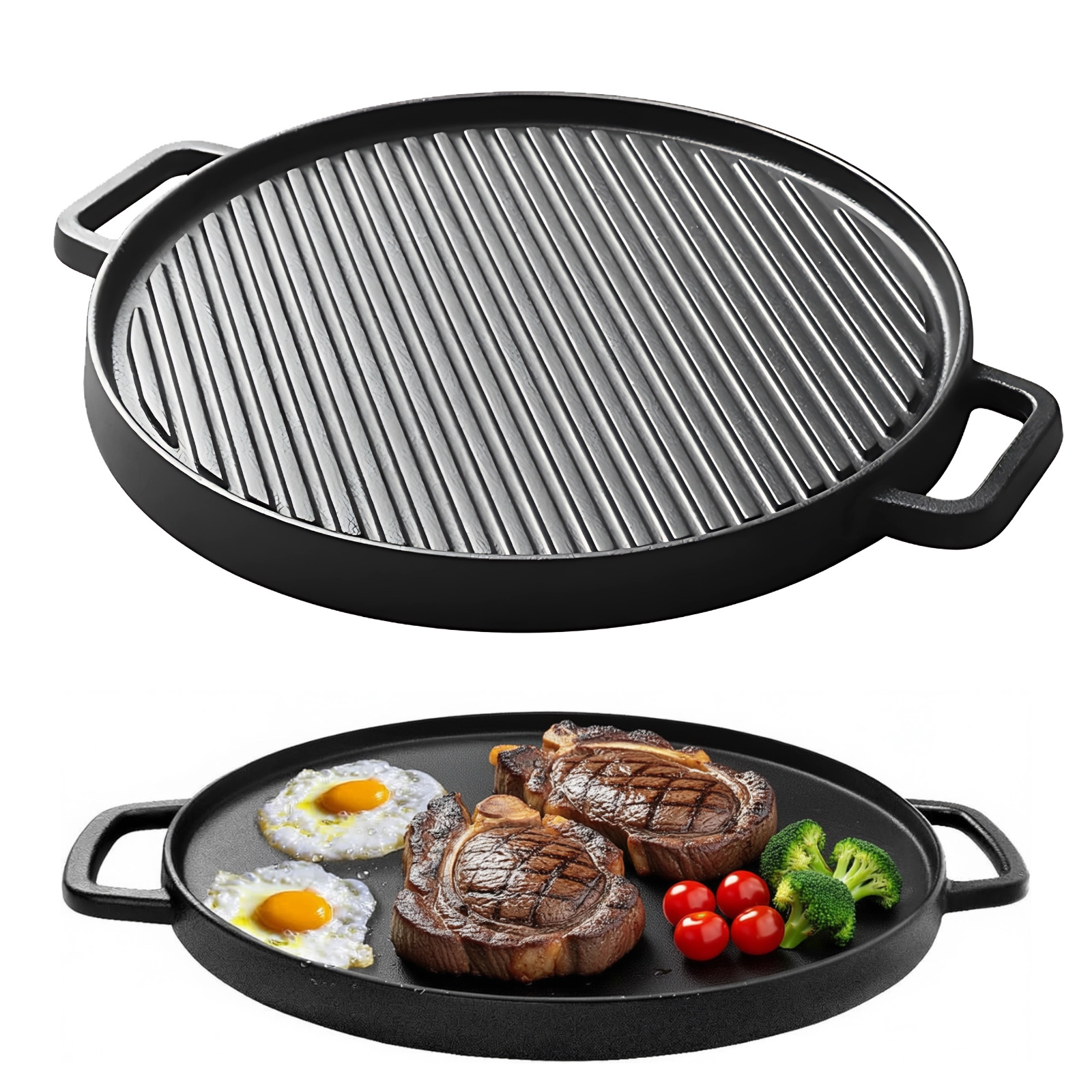 1 Pcs Cast Iron Griddle, 11.8 in Reversible Grill Griddle for Gas Grill & Stove Tops, Multifunctional Double-Sided Grill Pan with Ribbed Surface for Indoor Outdoor Use