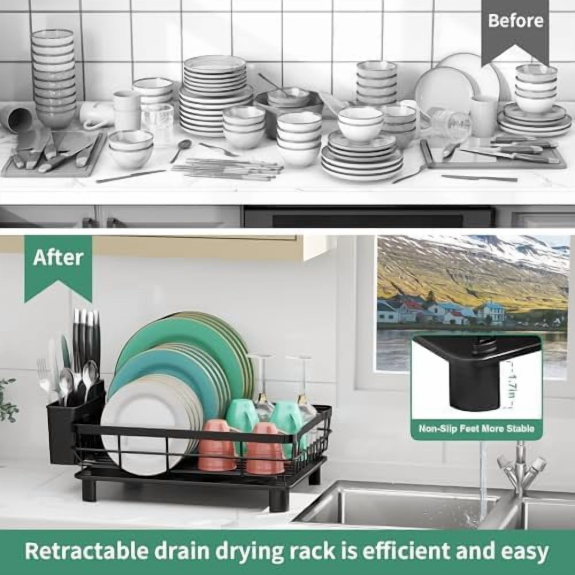 Dish Drying Rack, Dish Rack, Stainless Steel Dish Racks for Kitchen Counter, Dish Drainer with Removable Utensil Holder, Drainboard (Black,13''W x 17''L)