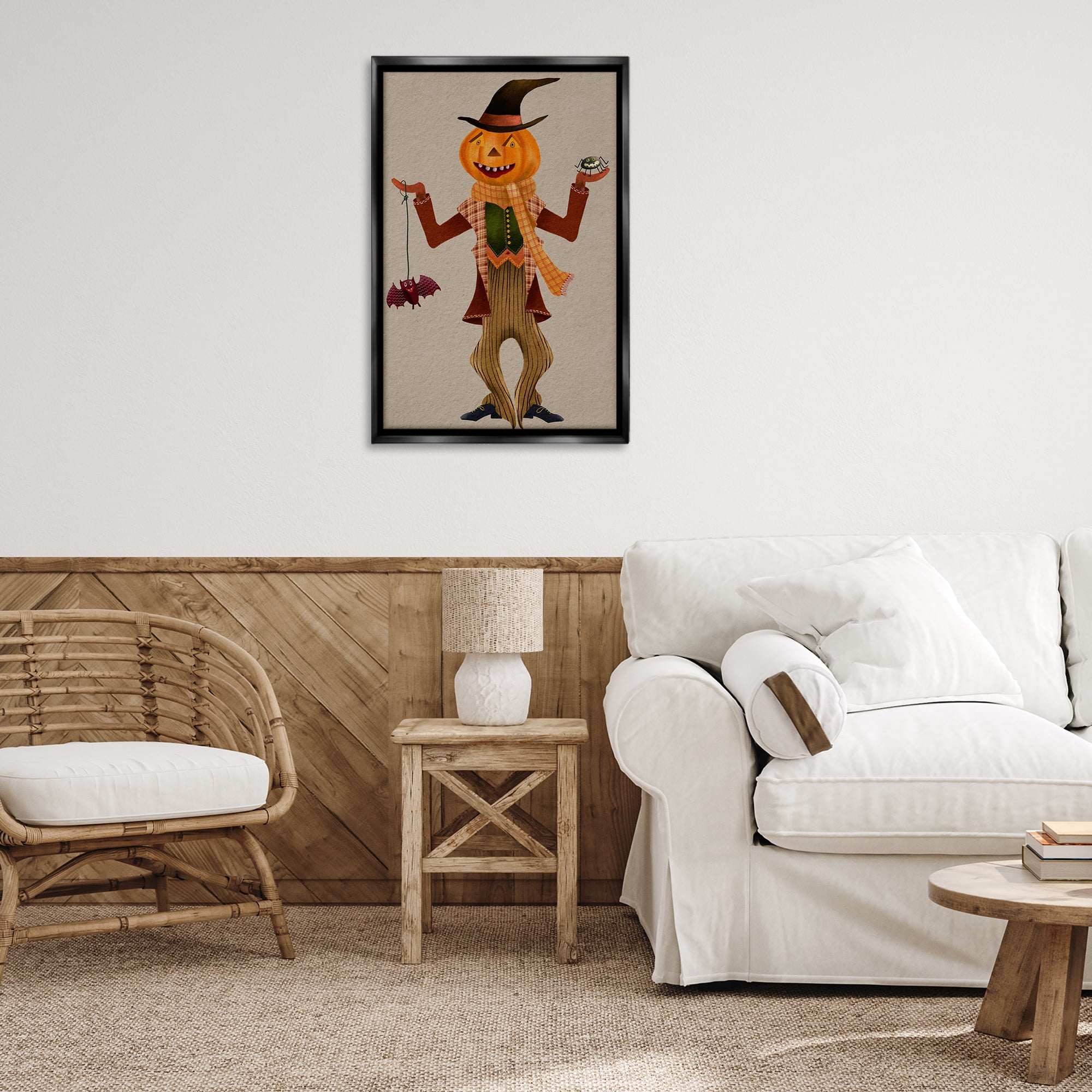 Stupell Industries Halloween Scarecrow & Bat Holiday Painting Black Floater Framed Art Print Wall Art, 21 x 31