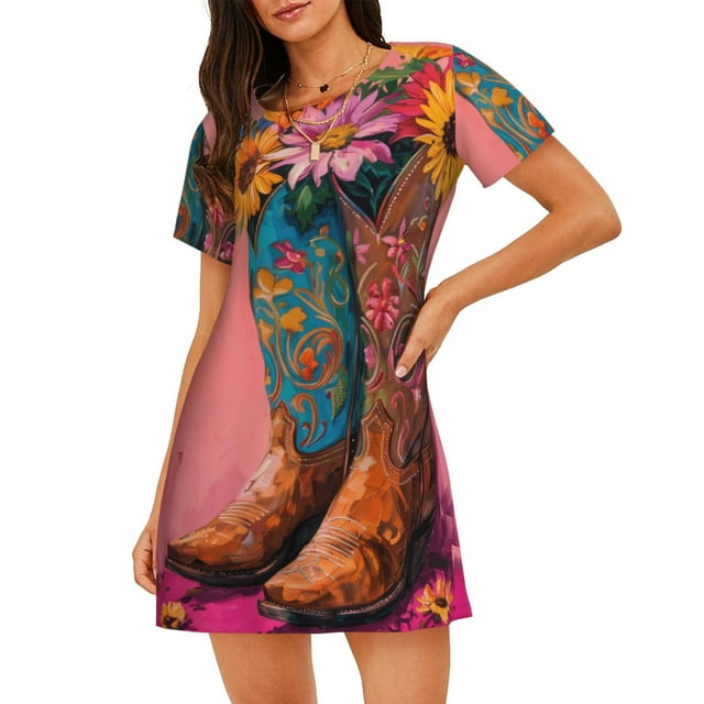 Fotbe Cowboy Boots With Flowers Bata de Dormir para Mujer con Estampado, Camisón de Algodón de Manga Corta, Ropa de Dormir Casual