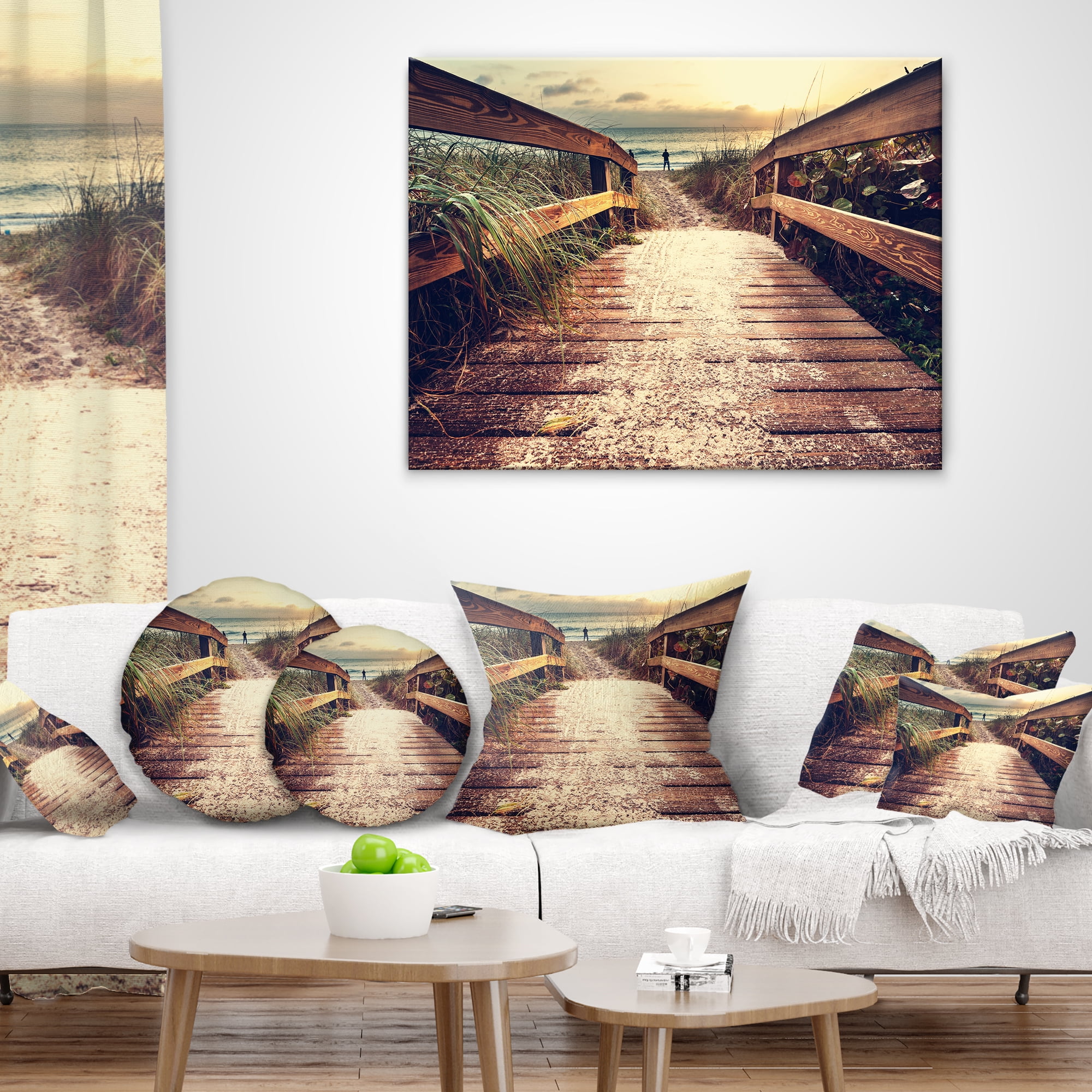 Designart Vintage Wooden Bridge To Seashore - Seashore Throw Pillow - 12x20