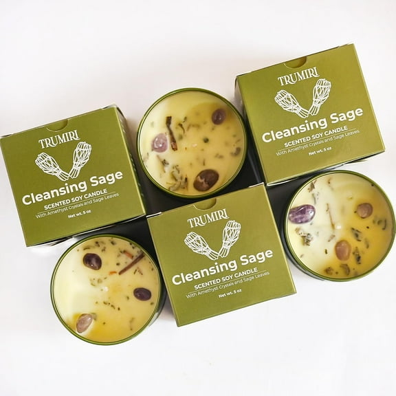 Sage Candle for Cleansing House Negative Energy - Pack of 3 x 5oz Soy Wax Natural Clean Organic Non Toxic - Aromatherapy Spiritual Meditation Gifts - Long Lasting Highly Scented Candel with Crystals