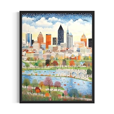 Indianapolis Indiana Poster Art Print, City Skyline American Folk Art, Naive Artwork PIcture Painting Decor for Bedroom, Bathroom, Living room. (Indianapolis Indiana, 24x36 inches (Unframed))