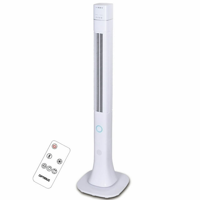 Optimus Ventilateur Tour Portable à 3 Vitesses avec Télécommande et Support Oscillant, Blanc
