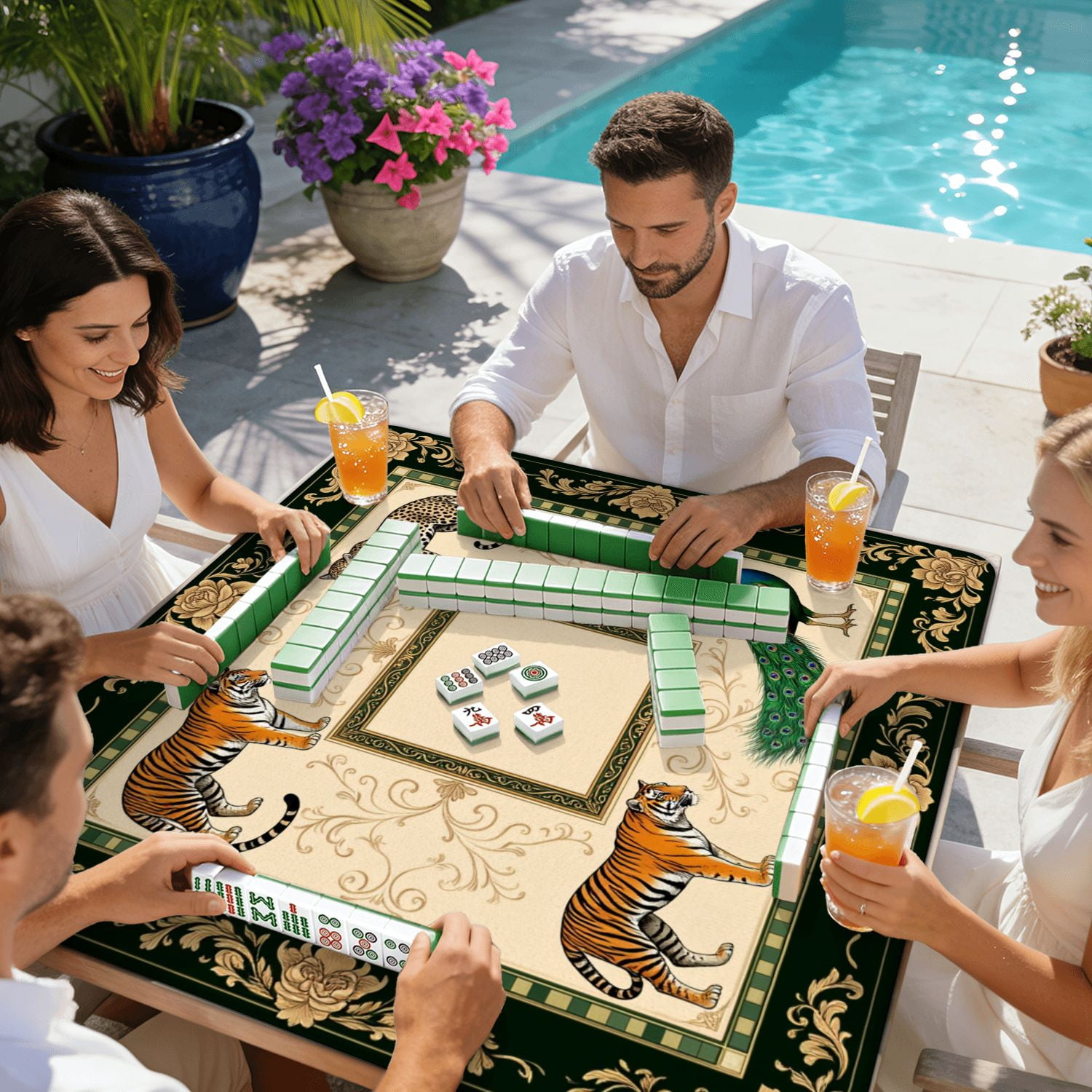 Mahjong Mat 31.5" x 31.5" Exotic Animal Tigers Leopard Peacock Ornate Floral Frame Non-Slip Noise Reduction American Mahjong Tiles Table Cover for Dominoes Poker Card Board Games Gift