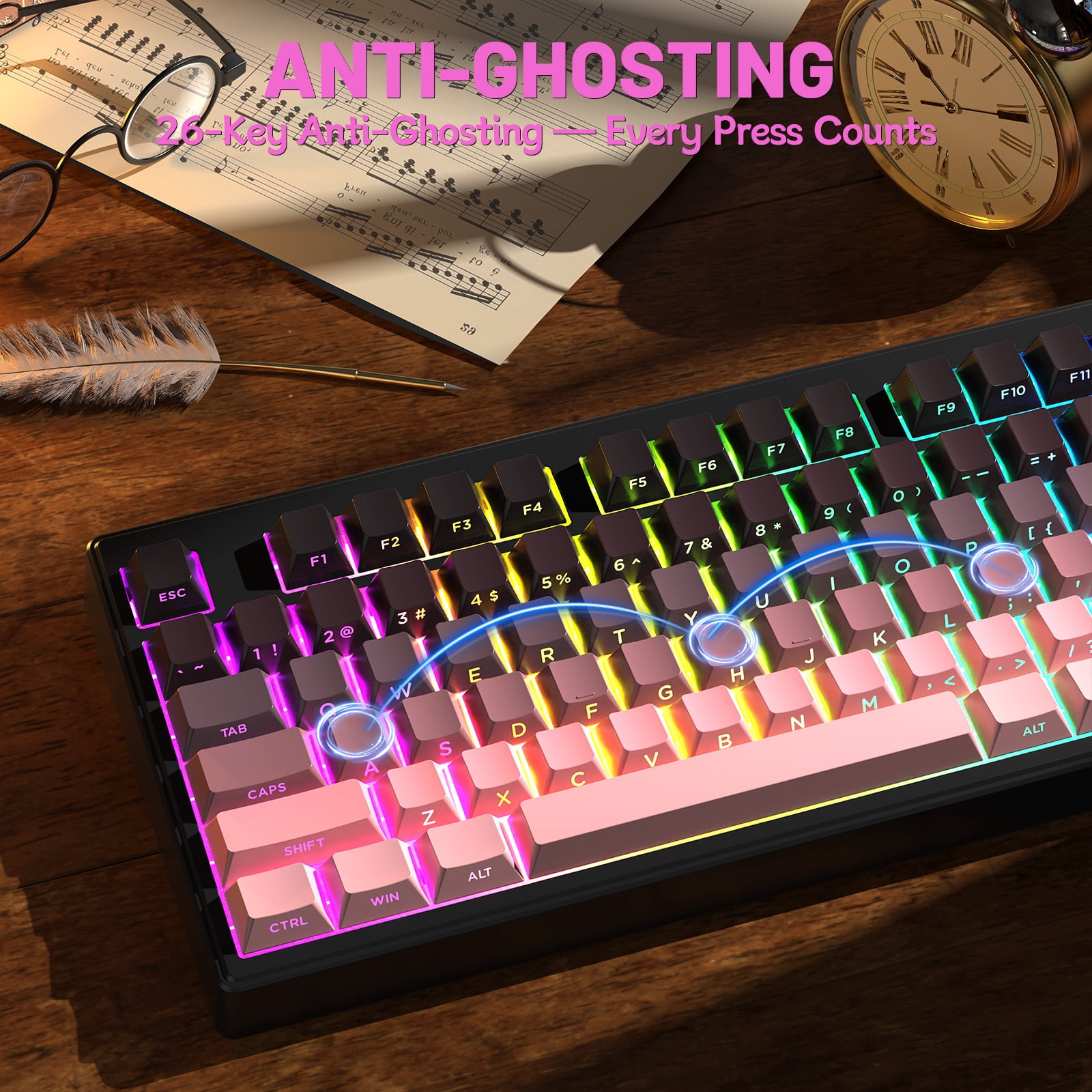 ZIYOU LANG M87V2 Wireless Keyboard, 80% TKL Creamy Keyboard, Low Profile Quiet Typing, Side-Printed PBT Keycaps, RGB Backlit, Pink