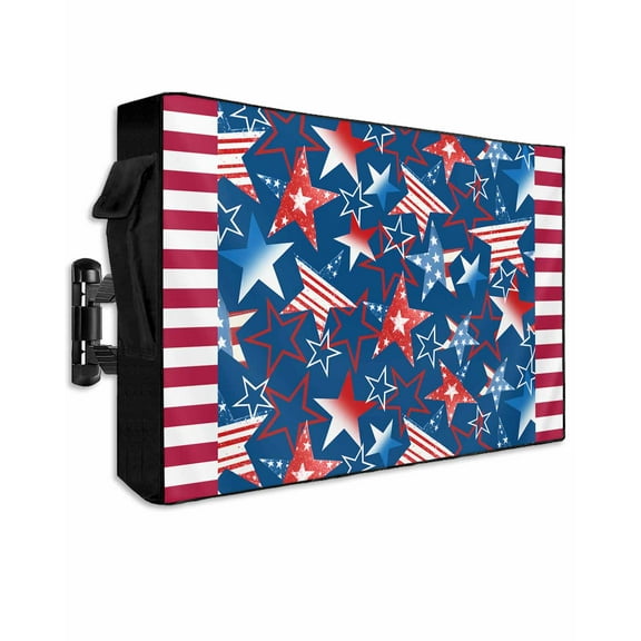 4th of July Outdoor TV Cover 70 to 75 Inch Weatherproof, Navy Blue Red Stars Independence Day 600D Oxford TV Covers with Waterproof Zipper, Outside Flat TV Screen Protector Size 68"W x 42"H x 4.5"D
