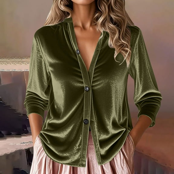 JUSLIO Button-Up Womens Tops Velvet Fleece Cardigans Fashion Long sleeve V Neck Cardigans Army Green L