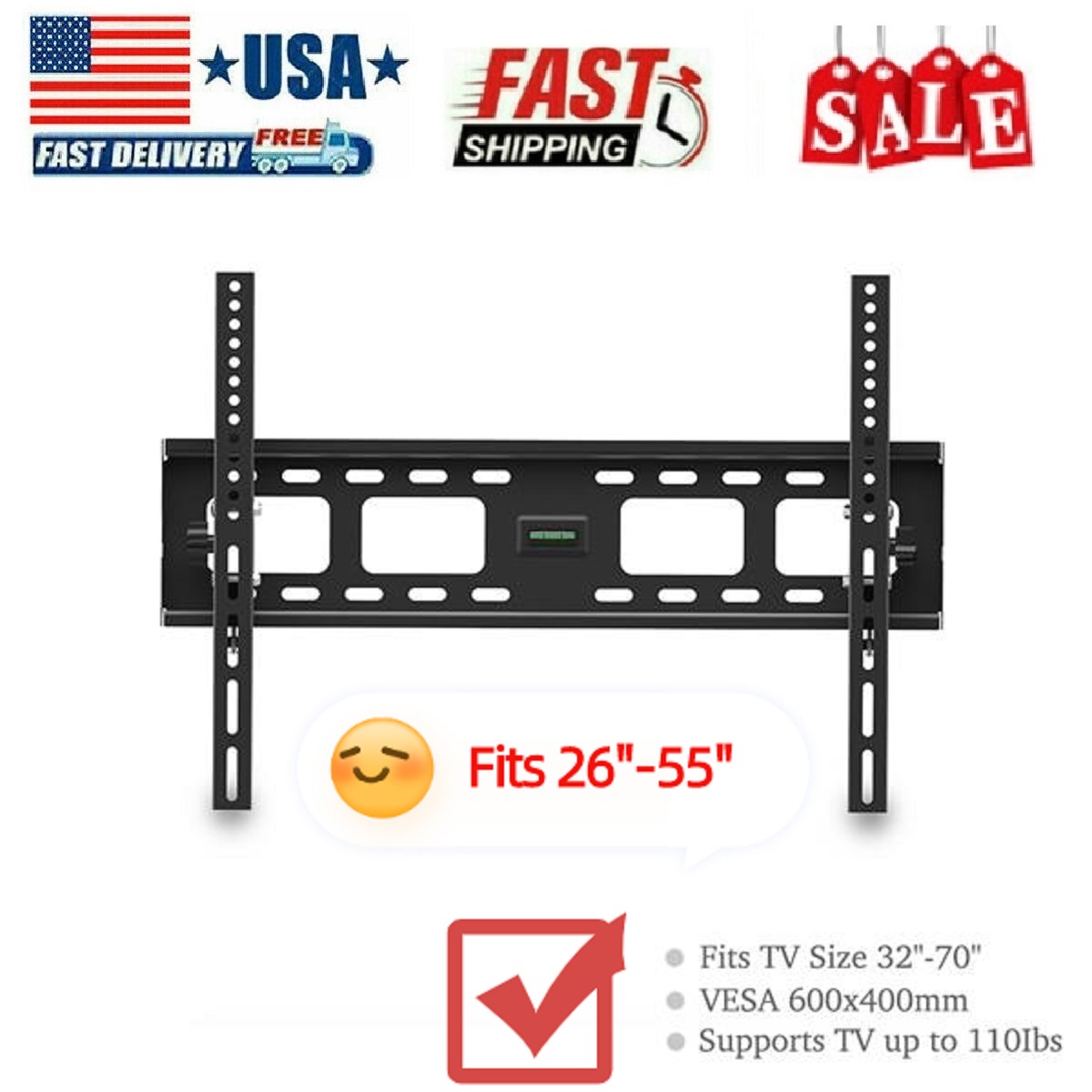 HOT SALES!Tv Wall Mount Adjustable TV Wall Mount - Tilting TV Mounting Brackets Fit 32, 40, 42, 46, 50, 55, 65,70 Inch Plasma Flat Screen TV with Spirit Level Load Capacity 50kg TMW600 - image 1 of 15