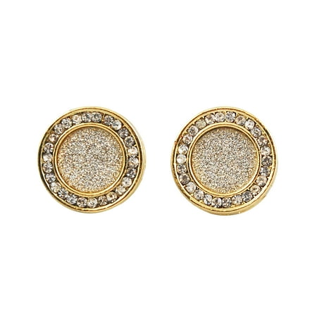 - Mens 14k Gold Plated 15mm Iced Out Hip Hop Bling Stardust Micropave Halo Round Circle Earrings