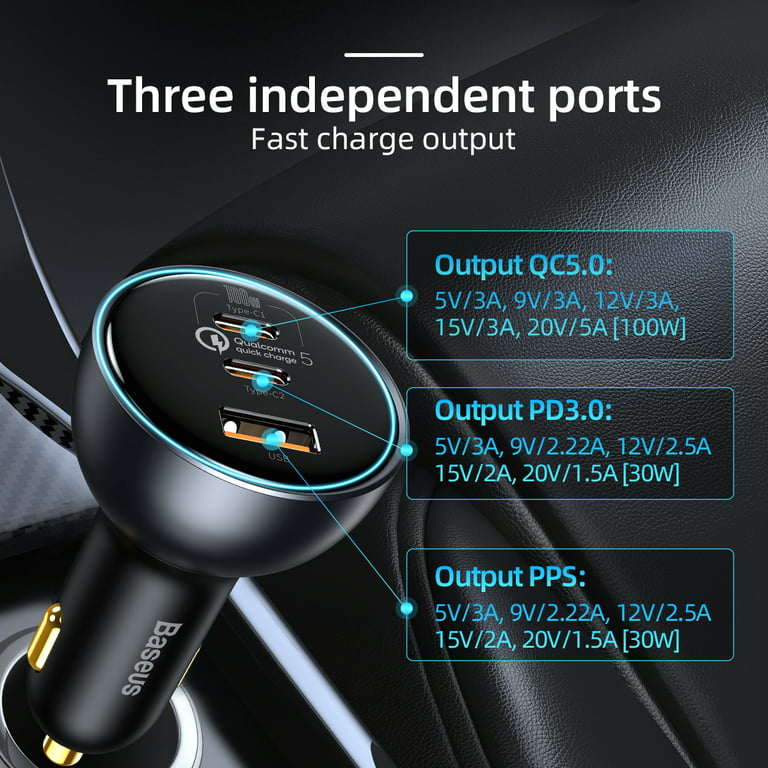 USB Type C Car Charger with 5V, 9V, 12V & 20V Power Delivery