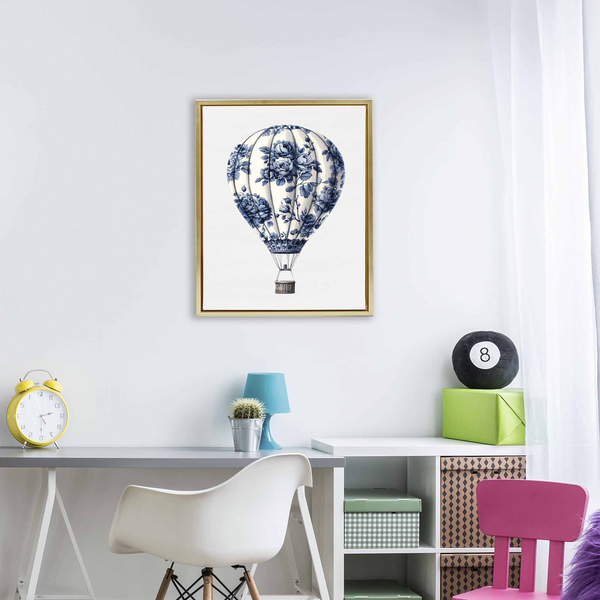 Vintage Toile Hot Air Balloon Gold Framed Floater Canvas Wall Art, design by Lettered and Lined
