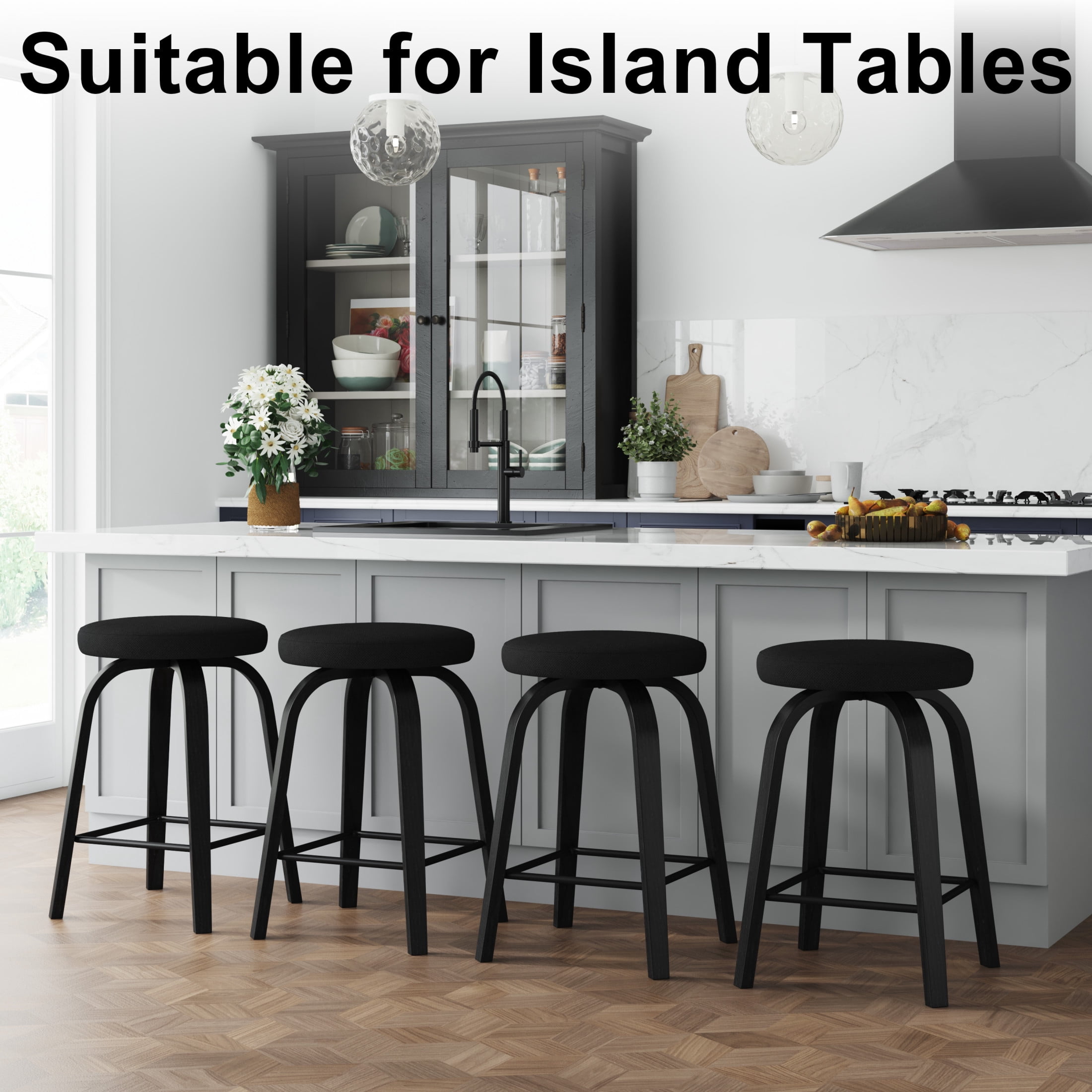 Noble House Florin 26" Swivel Backless Counter Height Bar Stools with Upholstered Seat & Bentwood Legs, Black, Set of 2
