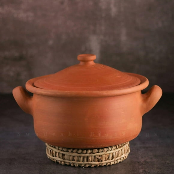 Exclusive Range Unglazed Clay Pot For Serving With Lid 2 Liters | Earthen Kadai - Mud Handi - Mitti Ke Bartan With Mirror Shine + Ash For Cleaning, Red-Ochre (Gerua)