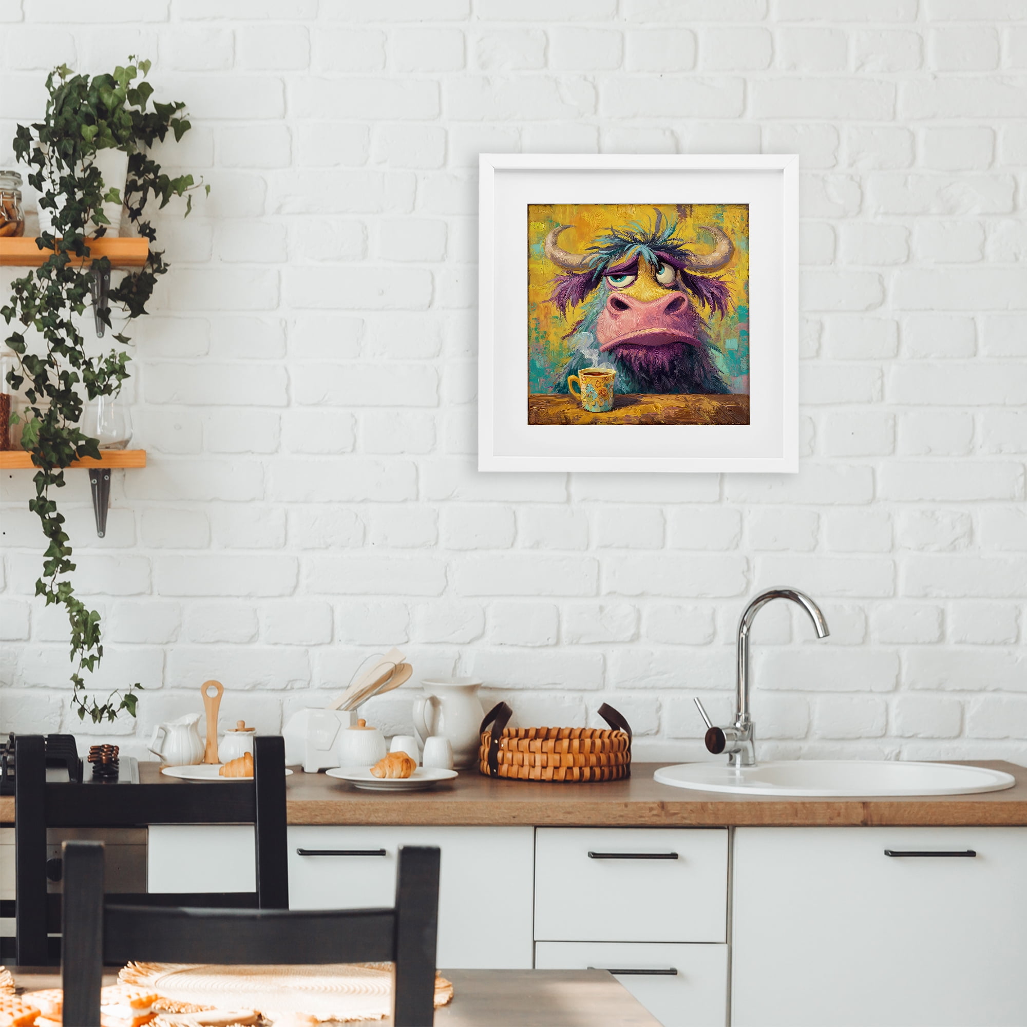 Stupell Industries Grumpy Cow & Mug White Framed Print Under Glass, design by The Wands Want