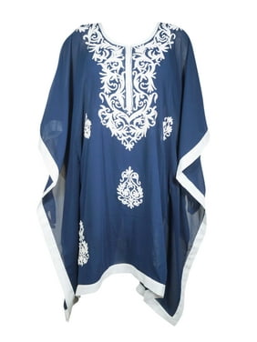 Mogul Women Loose Dress Navy Blue Caftan Beach Cover Up Embroidry Georgette Sheer Dress XL