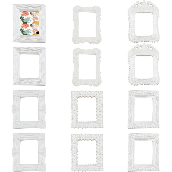 12 Pcs Vintage Resin Picture Frame 6 Style Mini Embossed Jewelry Display Frame White Photography Photo Frame Tabletop Small Photo Frame for Holiday Party Home Wall Decor DIY White