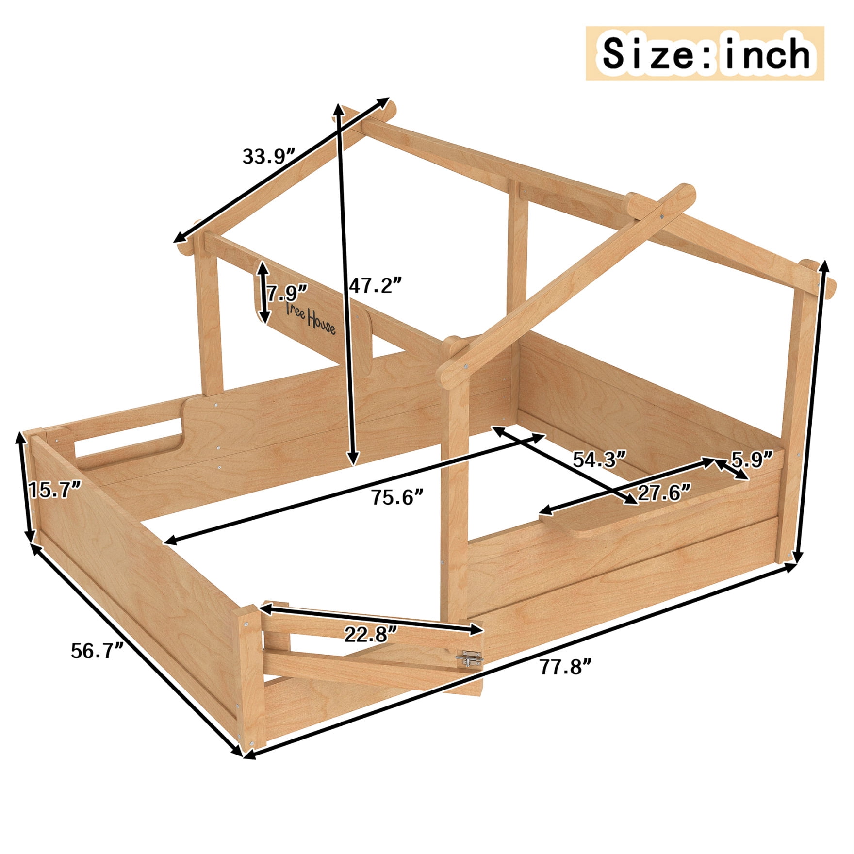 Full House Bed for Kids, Wooden Montessori Floor Bed with Door and Fence, Playhouse Roof Toddler Floor Bed with Built-in Tray for Boys & Girls, Natural