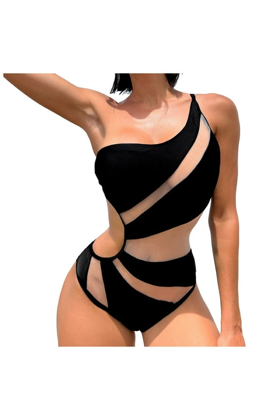 Women's Swimwear Criss Cross Back Color Block Print Bathing Suits Athletic Modest Swimwear (Black,L)