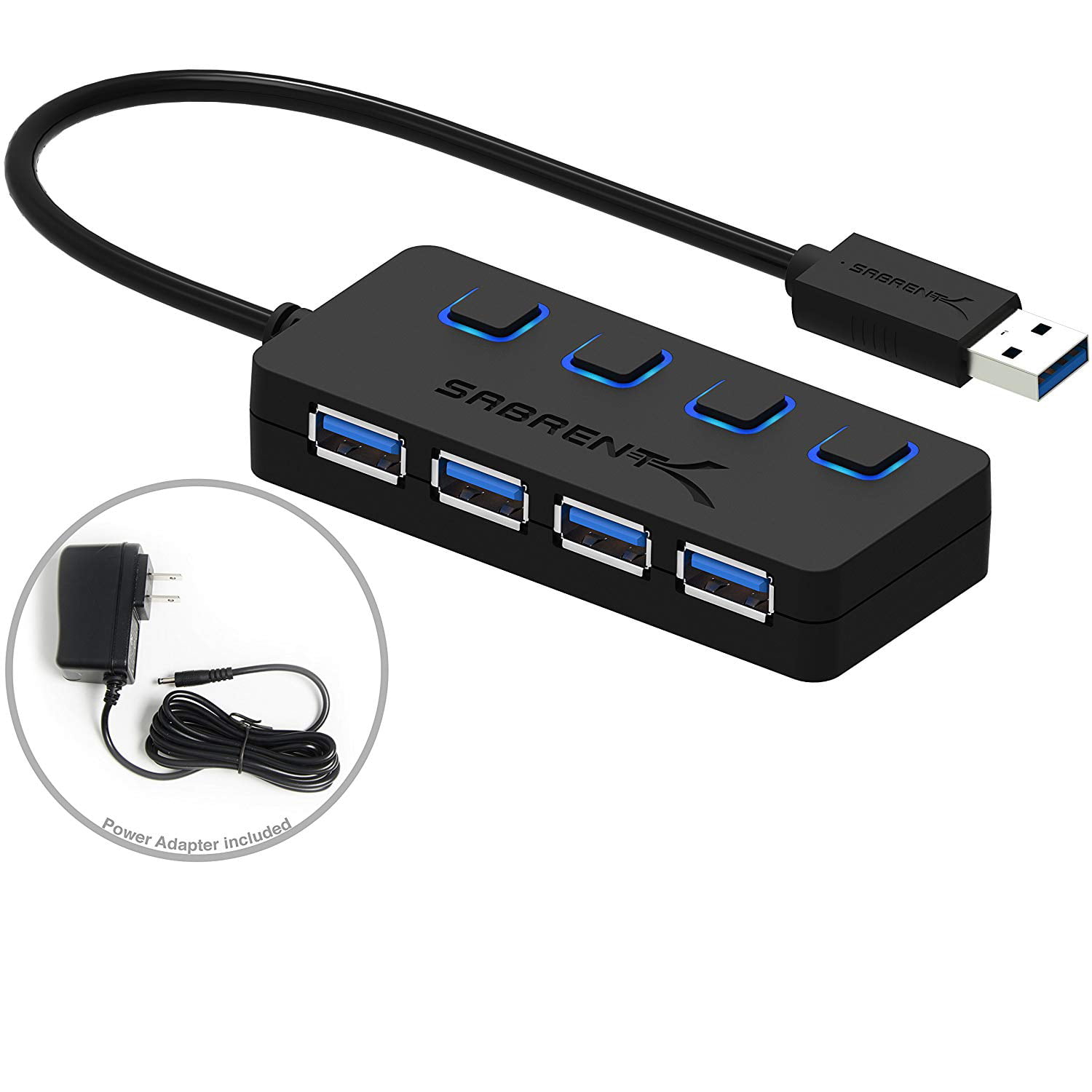 LIUDOU USB 3.0 Hub 4 Port Ultra Slim USB 3.0 Data Hub One Drag Four Splitter with Individual On/Off Switches and LEDs USB 3.0 Extension Splitter 