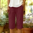 thumbnail image 2 of Bermuda Shorts for Women Knee Length Cotton Linen Elastic Waist Drawstring Shorts Summer Capris Pants with Pockets Wine 2XL, 2 of 8