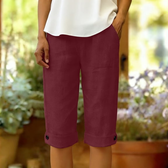 VV AVEORS Linen Bermuda Shorts For Women Straight Leg Knee Length Casual Capri Pants Drawstring Lightweight Summer Beach Short Capris Wine L