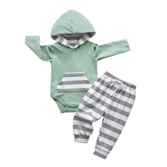 Newborn Infant Baby boy Clothes Long Sleeve Stripe Romper Hooded Pants Outfits Set Green 0-3 Months