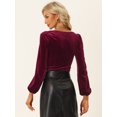 thumbnail image 3 of Top recortados con junta tórica para mujer Blusa de terciopelo de manga larga con cuello en forma de corazón Vino rojo M, 3 of 5