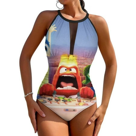 Movie Inside Out Womens One Piece Swimsuit Summer Beach Holiday Bathing Suit Sexy Back Mesh Design Tummy Control Swimwear Swimming Suit