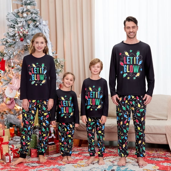 Christmas Pajamas for Family Colorful String Lights Print Long Sleeve Tops Pants Set Sleepwear Loungewear