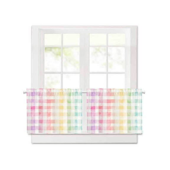 Colorful Plaid Short Blackout Curtains 36 Inch Long Spring Modern Rainbow Abstract Rod Pocket Kitchen Curtains, 2 Panels Thermal Insulated Room Darkening Drapes for Bedroom, 42"W x 36"L