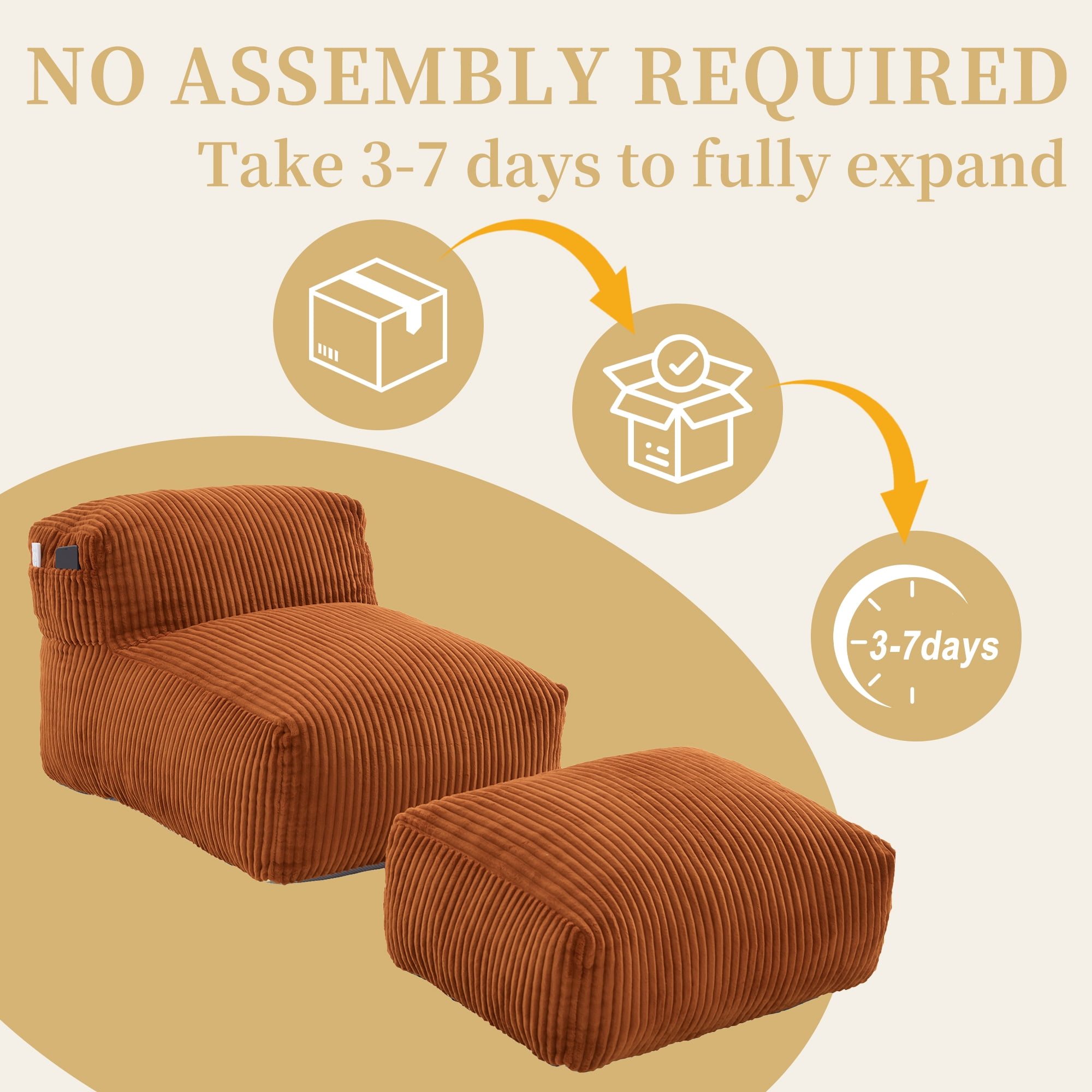 Avobird Big Bean Bag Chair, Lounger Large Bean Bag Sofa With ottoman, Memory Foam Filled Beanbag Chair for Living Room Bedroom, Ergonomic Support & Premium Com, Orange