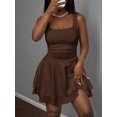 thumbnail image 4 of Rust Brown Womens Square Neck Ruched Double Layer A-Line Mini Dress Casual Sweet Style, 4 of 7