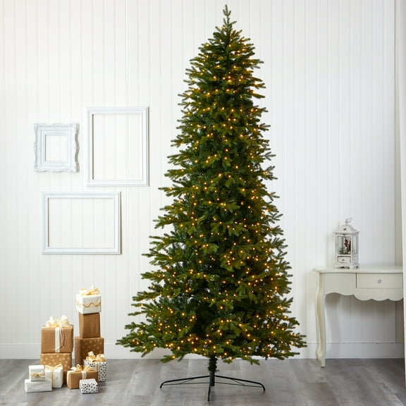 Nearly Natural 10' Green Holiday Fir Artifical Christmas Tree Prelit 1050 Clear LED Lights