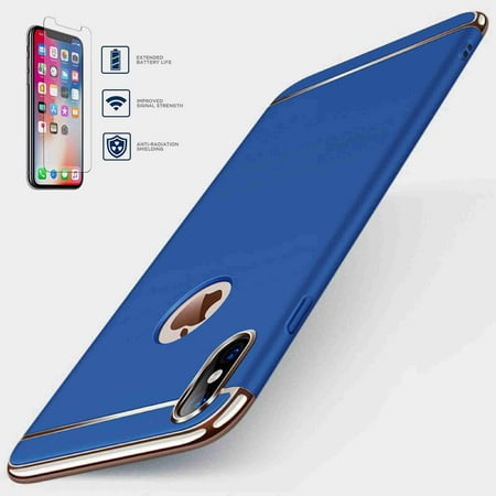 Dteck iPhone X Case, 3 in 1 Hybrid Hard Back Case [Tempered Glass Screen Protector] Ultra Thin and Slim Anti-Scratch Matte Finish Back Cover For Apple iPhone 10, darkblue