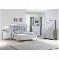 Bedroom Furniture Set Queen 5 PC LED Glam Wood Silver with Chest | Wood | Standard Beds
