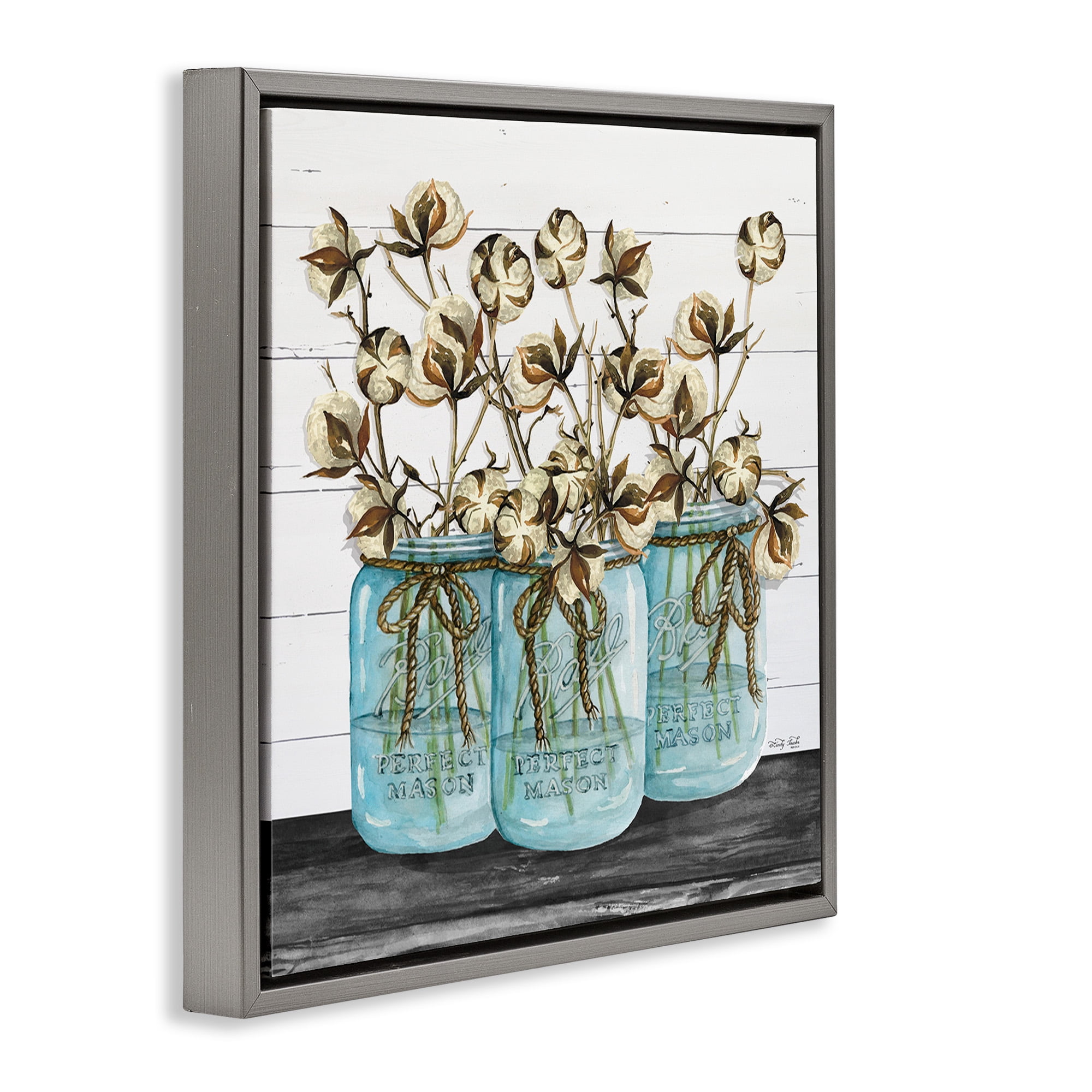 Stupell Industries Cotton in Rustic Jars Botanical & Floral Painting Gray Floater Framed Canvas Art Print Wall Art, 18 x 18