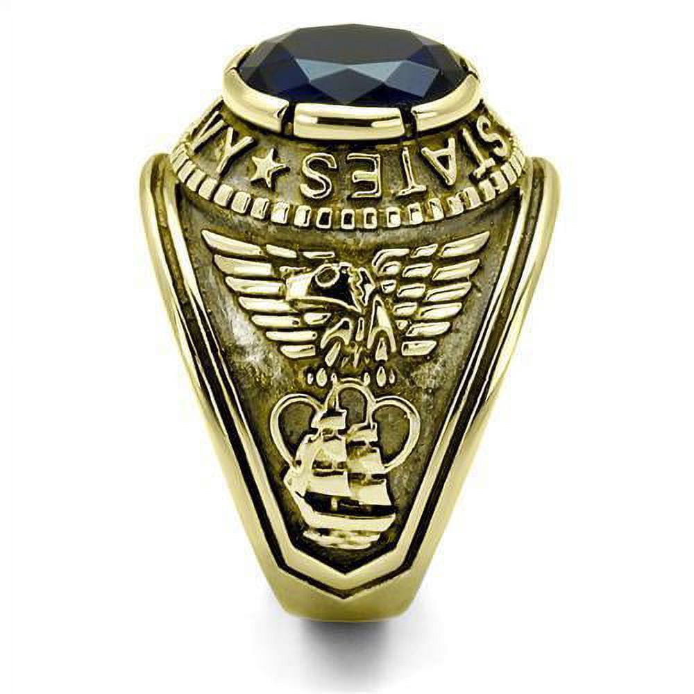 US Navy Ring for Men and Women Unisex Stainless Steel Military Patriotic Ring in Gold with Blue Stone