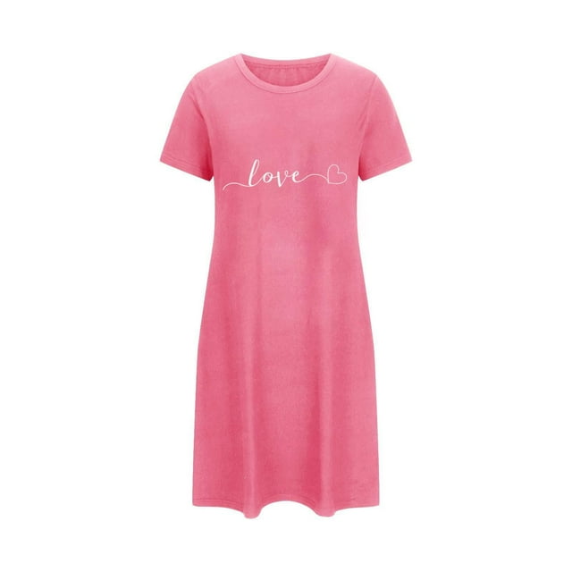 Oksale Robe de Nuit de la Saint-Valentin pour Femmes Douce et Confortable à Manches Courtes Grande Taille Robes Mignonnes Imprimées à Col Rond Mini Tenue de Nuit Décontractée Ample Respirante Robes de Nuit Rose Vif 2TG