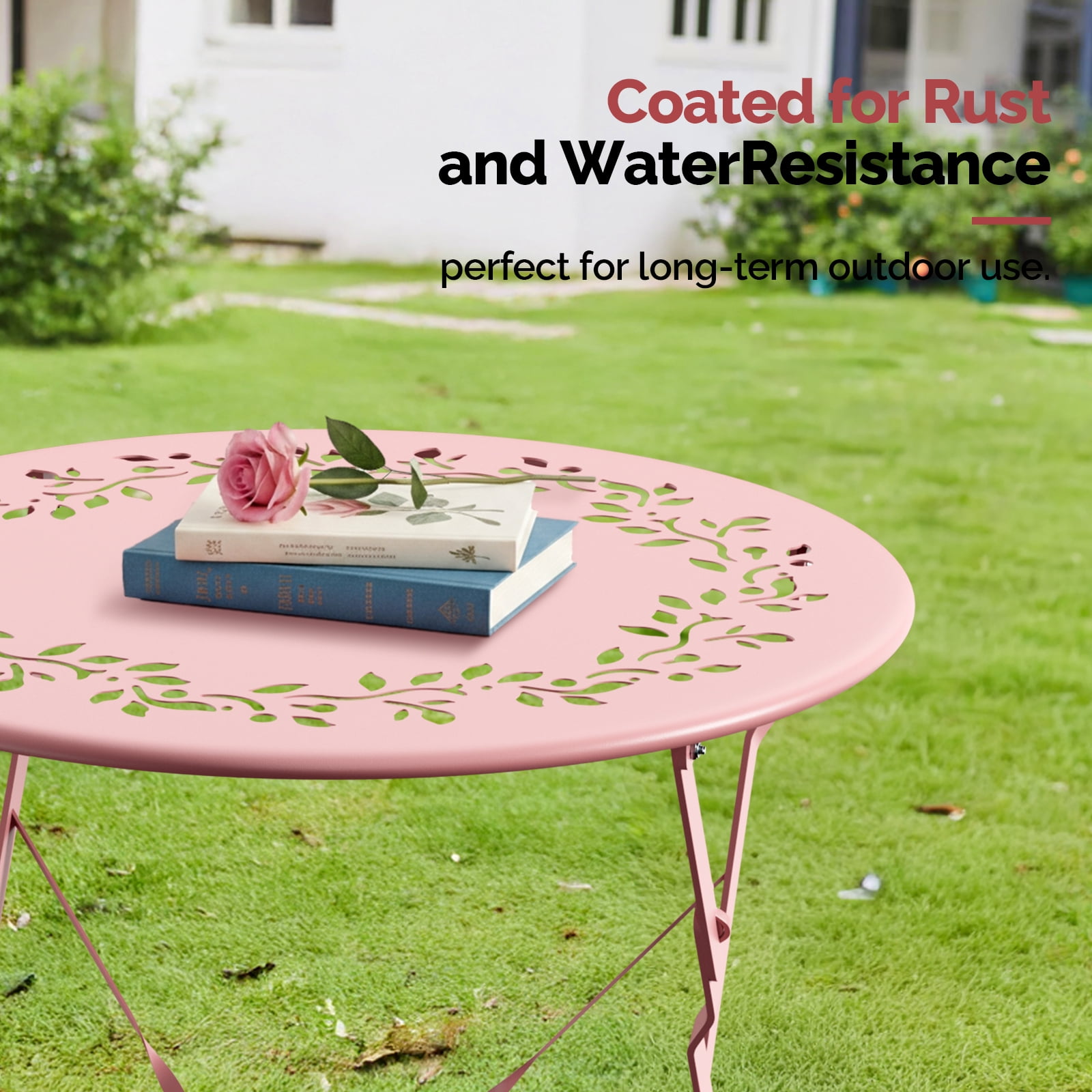 Ktaxon Outdoor 3-Piece Folding Bistro Set with Cushion, Small Metal Patio Seating Furniture Set - Pink